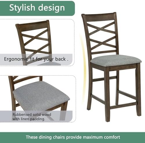 Harper & Bright Designs Counter Height Dining Table Set 5-Piece, 34.5" Square Wooden Table & 4 Upholstered Chairs, Modern Walnut Finish Counter Height Set for Kitchen, Dining Room, Small Spaces - Image 5