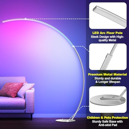 RGB Floor Lamp with 3 Color Temperatures, Ultra Bright 1800LM Smart Arc LED Floor Lamp with Remote Control, Music Sync, Scene Modes, Modern Standing Tall Lamp for Bedroom Living Room-Brushed Nickel - Image 6