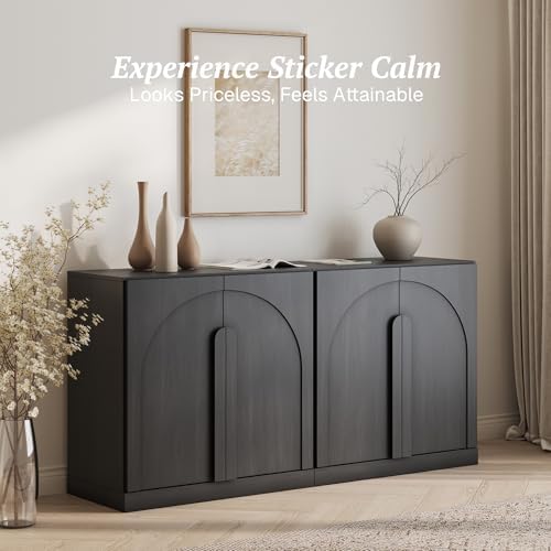 BELLEZE Set of 2 Modern Sideboard Buffet Cabinets (63" Wide)-Large Sideboard Credenza with Arched Doors-Seamless Hidden Organization Console for Living Area-Ebony - Image 4