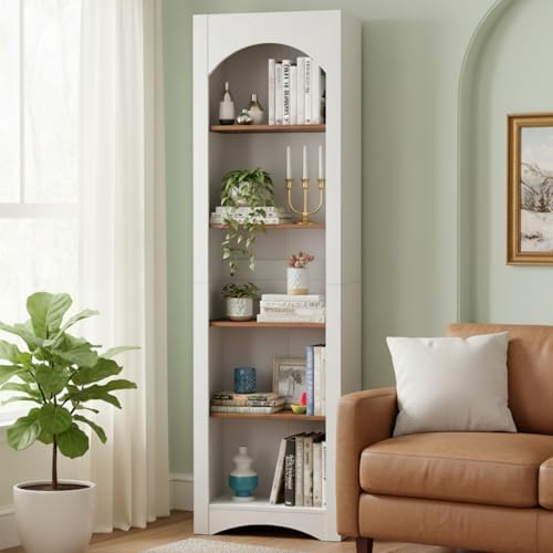 holzart 71.6" Tall Farmhouse Bookshelf, 5-Tier Narrow Bookcase & Storage Cabinet, Freestanding Kitchen Pantry Organizer with Adjustable Shelves for Living Room, Home Office, White by holzart
