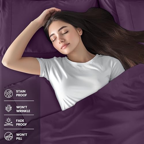 Full Sheets Set, 4 Pieces 16" Deep Pocket Hotel Luxury Sheets, Dark Purple - Image 3