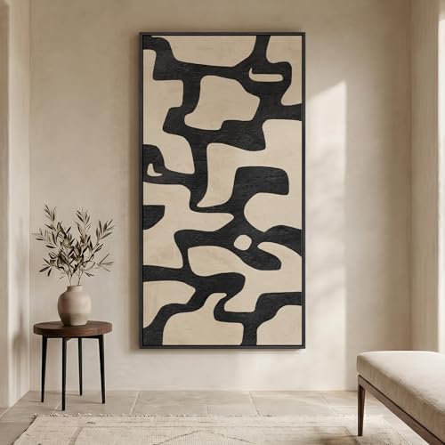 Large Framed Black and Beige Neutral Abstract Wall Art, Vertical 30x60 In by Cuspin