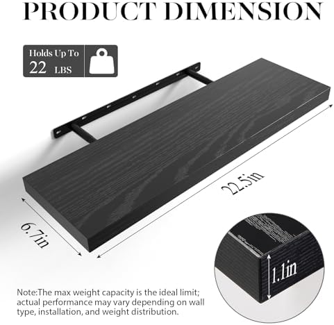 BAYKA Floating Shelves for Wall, 22.5 inches Wall Mounted Rustic Wood Shelves for Bathroom, Bedroom, Living Room, Floating Shelves for Books/Storage/Decor (Black,Set of 3) - Image 3