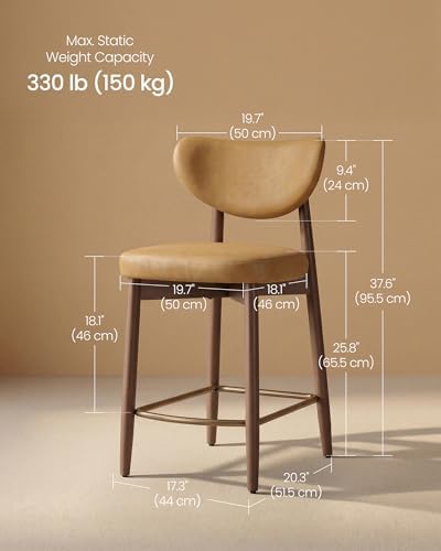 VASAGLE Wooden Bar Stools Set of 2, Synthetic Leather, Caramel Brown - Image 2