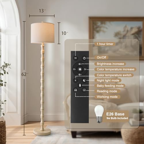 BOBOMOMO 62" Rustic Farmhouse Floor Lamp Antique White with Remote & Dimmable 9W Bulb, 3 Color Temperatures Resin Standing Lamp, Retro Tall Lamp for Living Room, Bedroom, Nursery, Office, Reading Nook - Image 3
