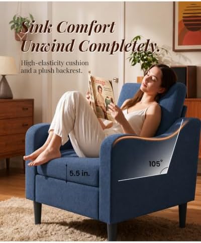 LEVELEVE Accent Arm Chair – Navy Blue, Upholstered Scooped Comfy Reading Chair for Living Room, Bedroom, Apartment, Waiting Room - Image 6