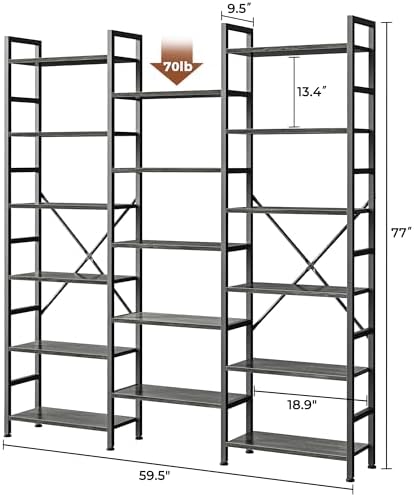 SUPERJARE Triple Bookshelf, Bookcase with 17 Open Display Shelves, Wide Book Shelf Book Case for Home & Office, 6 Tier, Grey - Image 3