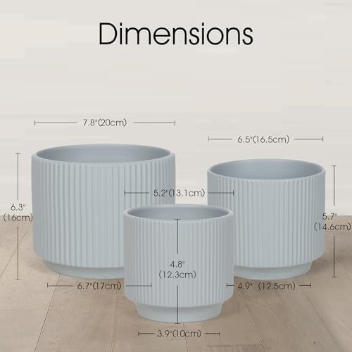 Oakrain Plant Pots with Vertical Stripes 7.8/6.5/5.2 inch, Set of 3 Modern Decorative Planters for Indoor Outdoor Plants, Flower Pot with Drainage Holes, Ceramic Blue - Image 5