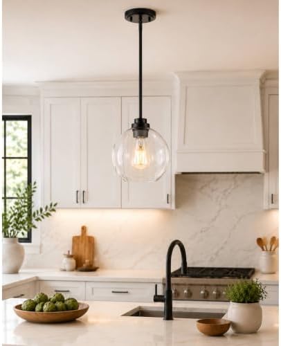 Black Pendant Lights Kitchen Island, 8" Pendant Light Fixtures with Globe Clear Glass Shade, Modern Kitchen Island Lighting, AD-22280-1PL-BK by Audickic