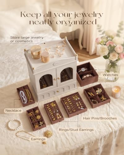 Jewelry Box Organizer, French Vintage Jewelry Organizer Box with 360° Rotating Necklace Hangers, 4 Drawers, Removable Tray Design, Jewelry Storage Display for Women, Off-White - Image 3