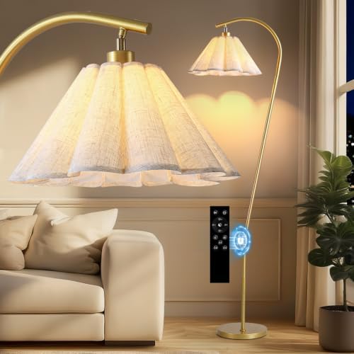 Floor Lamp with Pleated Linen Lampshade, Remote Control Modern Flower Floor Lamp for Living Room Arc Standing Lamp, Gold Tall Lamp for Bedroom Office Dining Room, Bulb Included by Unknown