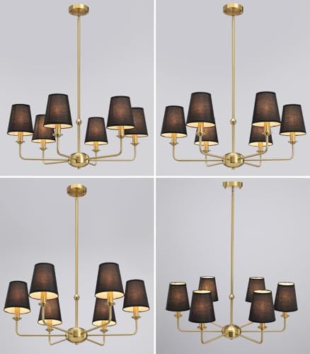 6-Light Brushed Gold Chandelier with Black Fabric Shades, Modern Brushed Brass Chandelier Light Fixture, E12 Base Hanging Pendant Light for Dining Room Living Room Bedroom Kitchen Island Foyer - Image 6