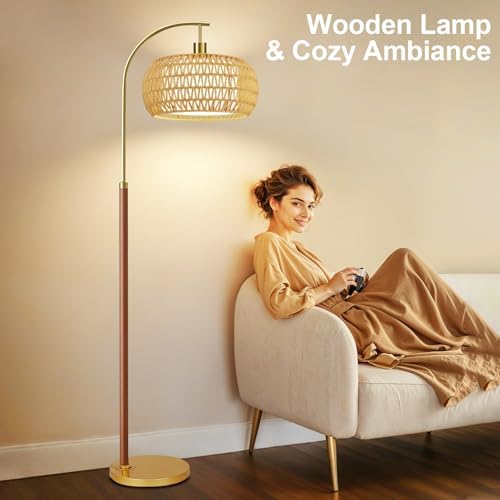 Wood Arc Floor Lamps for Living Room,Boho Rattan Floor Lamp with Remote Control & 3 Color Temperatures,Dimmable Mid Century Modern Standing Lamp Farmhouse Vintage Tall Floor Lamp For Bedroom Corner - Image 3