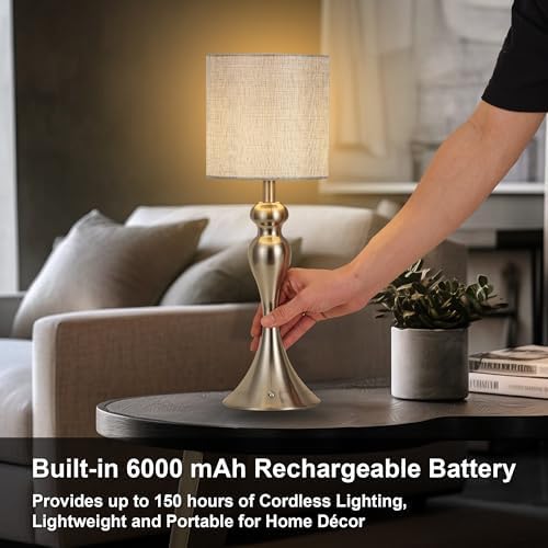 Cordless Table Lamp Rechargeable, Battery Fabric Bedside Touch Light Nickel - Image 3