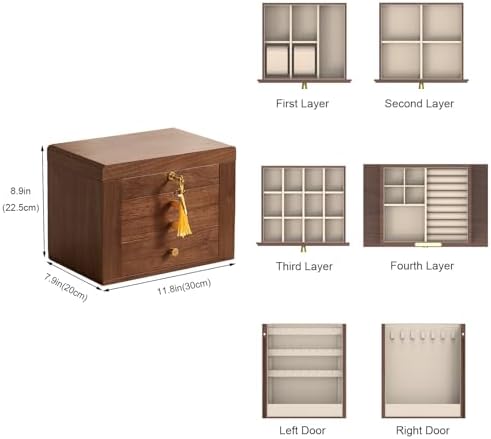 CHOSIN Black Walnut Wooden Jewelry Box for Women with Lock, Mirror, 4 Layer - Image 3