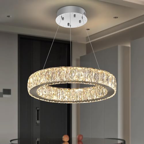 Modern LED 23.6" Ring Chandelier for Dining Room Living Room Dimmable Crystal Pendant Light Adjustable Round Chrome Crystal Chandelier - Image 4