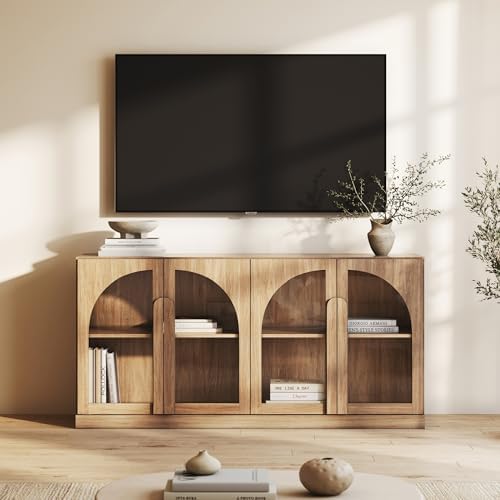 BELLEZE Bijou 64" Arched Glass Door Sideboard, Accent Buffet Cabinet with Storage and Adjustable Shelves, Classic Modern Large Console Table for Dining Room Living Room Entryway - Camel - Image 5