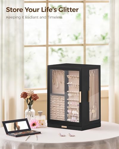Glimmloop 360° Rotating Jewelry Box with 9 Drawers, Spacious Vertical Jewelry Organizer with Glass Window, Jewelry Storage Case, Dustproof & Moisture-resistant Design, Black - Image 2