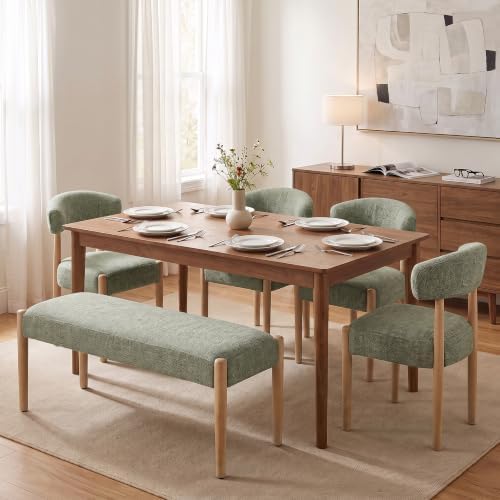 VKNOW Upholstered Dining Room Set for 6, Mid-Century Modern Dining Chairs Set of 4 and Dining Bench with Rubberwood Legs, for Dining Room, Living Room, Kitchen, Green by VKNOW