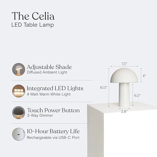 Brightech Celia Table Lamp – 10" Touch-Controlled Mushroom Small Lamp, Cordless & Dimmable LED, Portable Bedside Night Light, Sustainable Accent Light, Recycled Modern Patio Lamp, Home Décor – Cream - Image 4