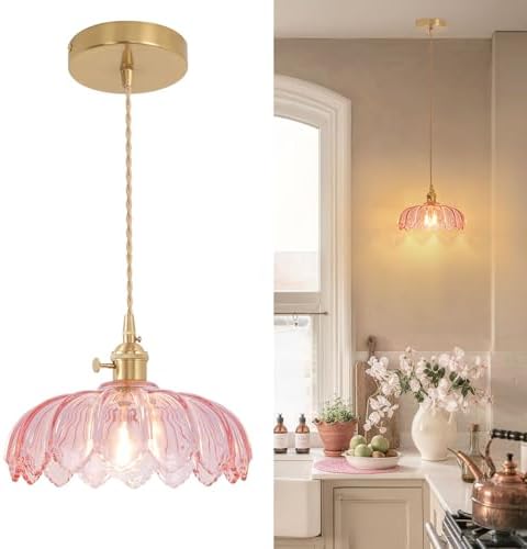 Shenmoyl Pendant Light with Pink Scindapsus Glass Lmapshade, Brass Vintage Pendant Light Adjustable Hanging Light for Kitchen Island Dining Room Hallway by Shenmoyl