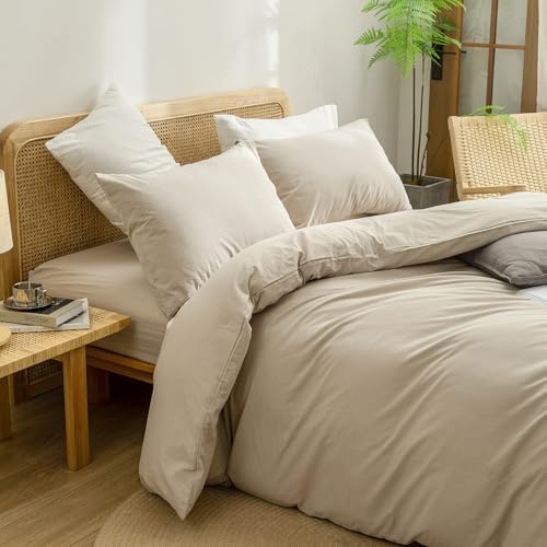 BESTOUCH Cotton Solid Duvet Cover Set Almond Milk Grey Oversized Full - Image 2