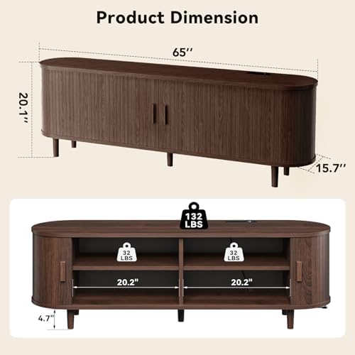 65" Mid Century Modern TV Stand with Power Outlet, Fluted Entertainment Center with Storage and Adjustable Shelves, Wood TV Console with Sliding Doors for Living Room, Walnut - Image 3