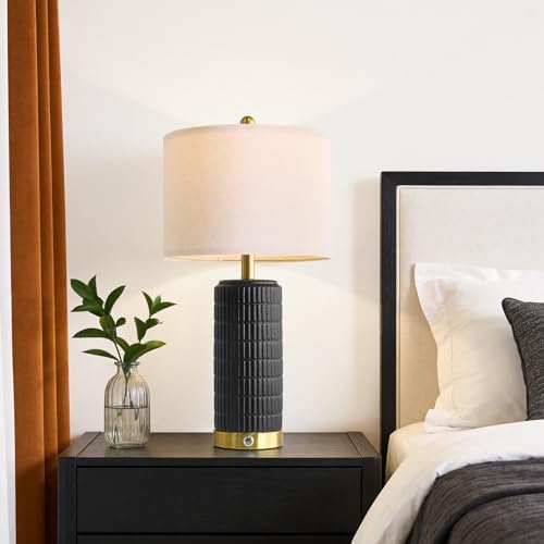 PoKat Ceramic Table Lamps Set of 2 for Living Room, 25'' Modern Touch Bedside Lamps for Bedroom with 2 USB Ports, Farmhouse Black Matte-Textured Nightstand Lamps Office Home Decor (Bulbs Included) - Image 5
