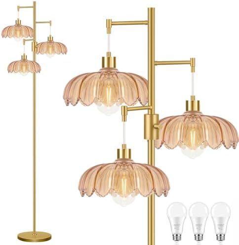 Dimmable Floor Lamp for Living Room Bedroom-3 Light Gold Floor Lamp with Glass Lampshape, Flower Tall Lamp Mid Century Modern Standing Lamp Glass Tree Floor Lamps for Living Room Bedroom,Corner by Unknown