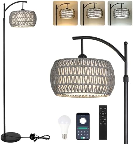 Arc Floor Lamp for Bedroom, Boho Standing Lamp with Remote & LED Smart Bulb, Rattan Floor Lamps for Living Room with 3 Color Temperatures, Height Adjustable Corner Tall Lamp, Stand up Light for Office by EYASSI