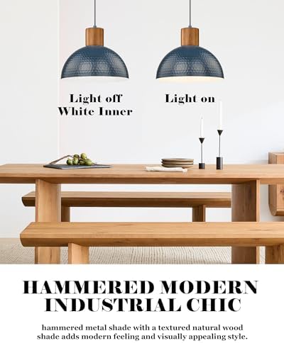 ELYONA Modern Hammered Pendant Light Fixtures with 12" Metal Shade Solid Wood Dome Hanging Pendant Light for Farmhouse Kitchen Island Dining Room Sink Bedroom Hallway Medium 2 Pack Blue - Image 5