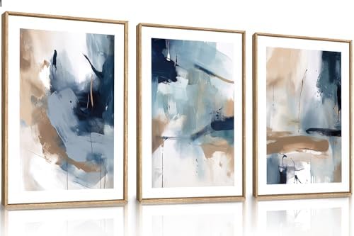 LHIUEM Large Abstract Navy Blue Framed Canvas Wall Art,Neutral Brush Stroke Wall Decor,Modern Pastel Brown Wall Painting,Minimalist Shapes Artwork for Living Room,Bedroom,Office- 24"x36"x3 by LHIUEM