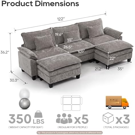 URRED Oversized Modular Sectional Sofa，Gray：122" U Shaped - Image 2