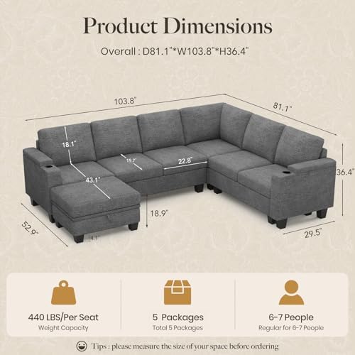 Belffin Chenille Modular Sectional Sofa Convertible L Shaped Corner Couches for Living Room with Storage Armrest with Cup Holder Light Grey Couch - Image 2