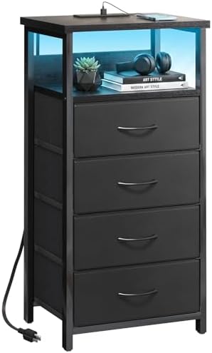 Fixwal Night Stand with Charging Station, Black Led Nightstand, 4 Drawers by Fixwal