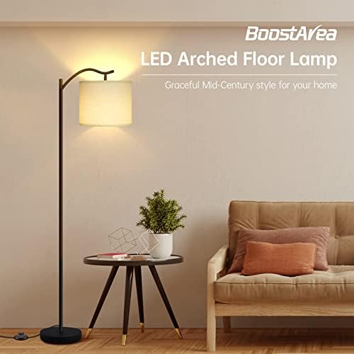 BoostArea Modern LED Arched Floor Lamp with Natural Linen Shade, 3 Brightness Levels, E26 Socket, Footswitch, 63-inch Tall, White - Image 2