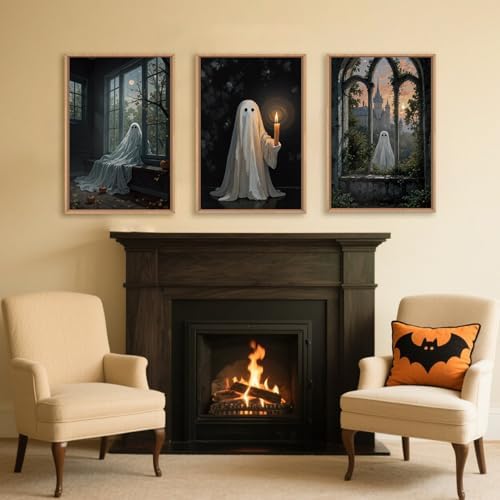 LHIUEM Large Halloween Cute Ghost Framed Canvas Wall Art Set,Vintage Spooky Wall Decor,Retro Dark Prints,Midnight Candle Poster Artwork for Living Room,Bathroom,Dining Room -24"x36"x3 - Image 4