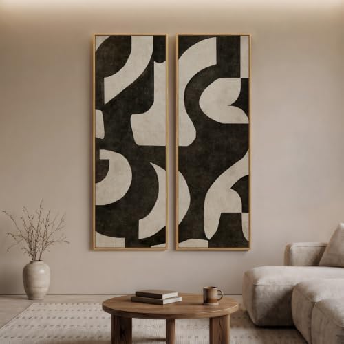 Large Framed Neutral Black Beige Abstract Vertical Wall Art Decor, 2 Pieces - Image 4