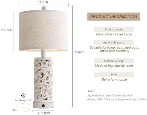 OYEARS 22'' Table Lamp Set of 2 for Living Room,Farmhouse Lamp for Bedroom - Image 5