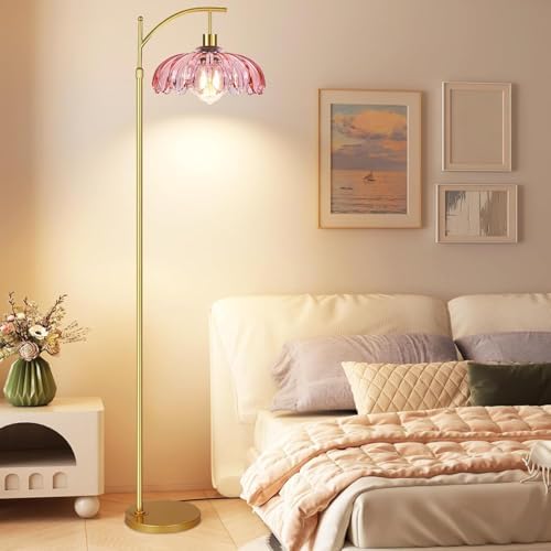 Gold Arc Floor Lamp for Living Room Bedroom,Mid Century Modern Standing Lamp with Remote,Dimmable Brass Tall Lamp Pink Flower Glass Lamp,Adjustable Vintage Floor Lamps Floor Light for Corner Office - Image 6