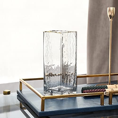 Geometric Square Painted Gold Edge Water Corrugated Translucent Glass Vase Home Table Decoration (F-10in) - Image 2