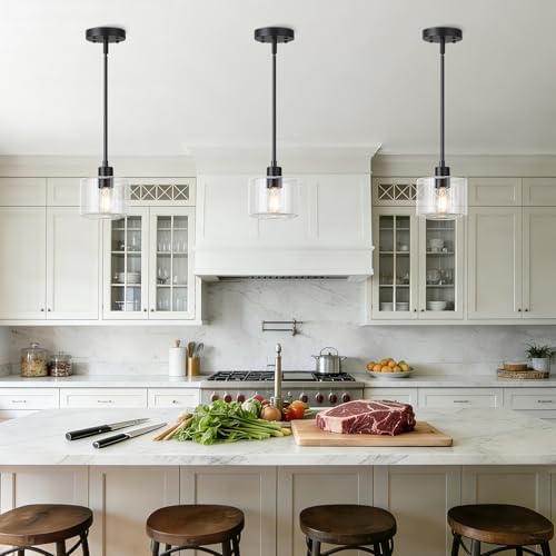 Black Pendant Lights Kitchen Island 2 Pack, Modern Clear Glass Hanging Light Fixtures with Rods, Mini Kitchen Pendant Lighting Over Island for Sink Bathroom, OS-YQ8153-2PBKC - Image 5