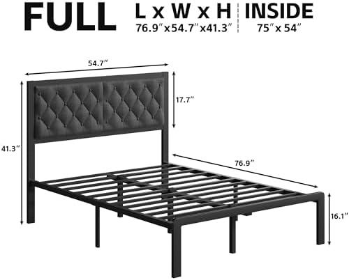 Fluest Full Bed Frame with Headboard Linen Upholstered Bed Frame Platform,All Metal Slats Support Platform Bed Frame with Storage Space,Easy Assembly,Noise Free,No Box Spring Needed,Grey - Image 2