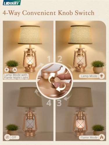 LEDIARY 18.72" Champaign Gold LED Lantern Flickering Flame Table Lamps for Bedrooms Set of 2, Small Farmhouse Rustic End Table Lamps, Halloween Decorative Lantern Bedside Lamps for Living Room - Image 3