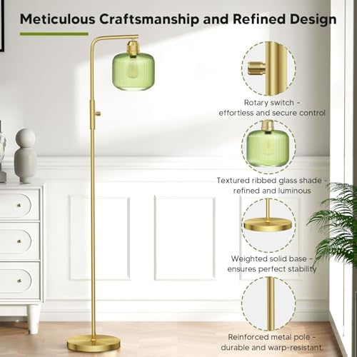 66" Dimmable Gold Standing Lamp with Green Ribbed Glass for Living Room - Image 3