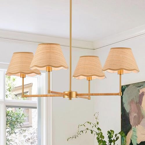 31” Boho Rattan Chandelier 4-Lights Rustic Adjustable Coastal Pendant Light for Kitchen Island Dining Living Room, UL Listed by liveastylishlife
