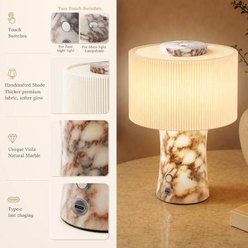 WMK Marble Lamp Cordless, Rechargeable Marble Touch Lamp with 3 Color, Pleated Fabric Lampshade Stepless Dimming, Luxury Natural Calacatta Viola Stone Table Lamp for Bedroom, Living Room (Dual Light) - Image 6