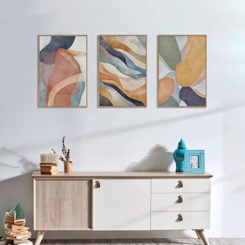 LHIUEM Large Abstract Neutral Framed Canvas Wall Art Set,Colorful Watercolor Block Wall Decor,Boho Geometric Illustrations Artwork for Living Room,Bedroom,Dining Room,Office - 24"x36"x3 - Image 4