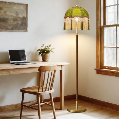 ILLMTW Vintage Floor Lamp for Living Room,Bedroom,Dimmable Standing Lamp with Remote,Green Mid Century Gold Tall Lamp Boho Retro Floor Light Wood Fringe Tassel Flower Unique Tiffany Victorian Decor - Image 7