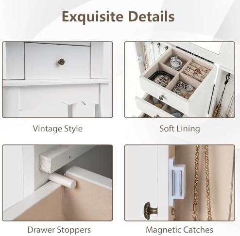 Giantex Standing Jewelry Armoire Cabinet with 4 Drawers, Flip Top Mirror, Top Storage Compartments, 2 Side Doors with 8 Necklace Hooks, Freestanding Jewelry Organizer Box Chest (White) - Image 6